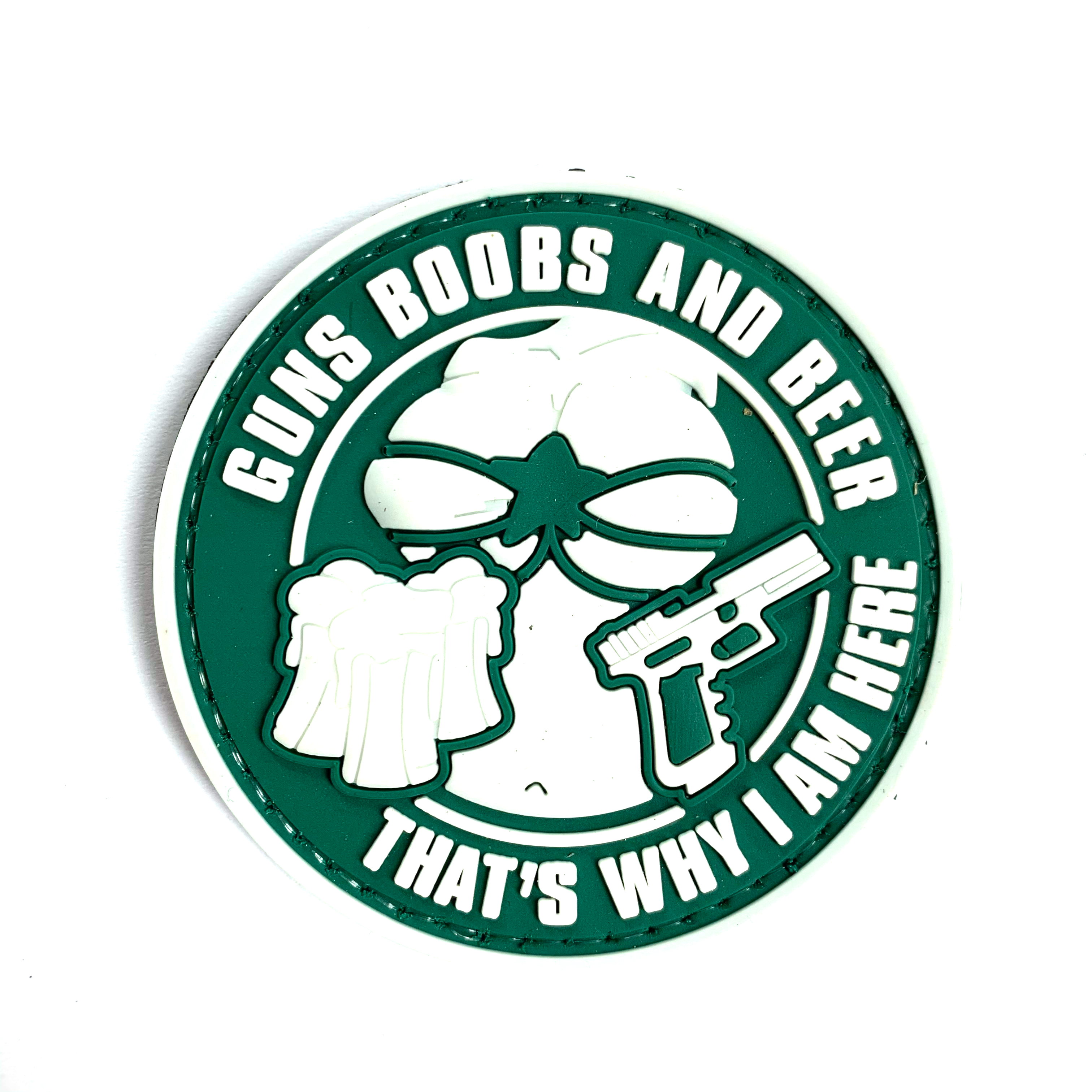 PVC Velcro Patch - Guns, Boobs and Beer (Green and White) - RPI Supplies